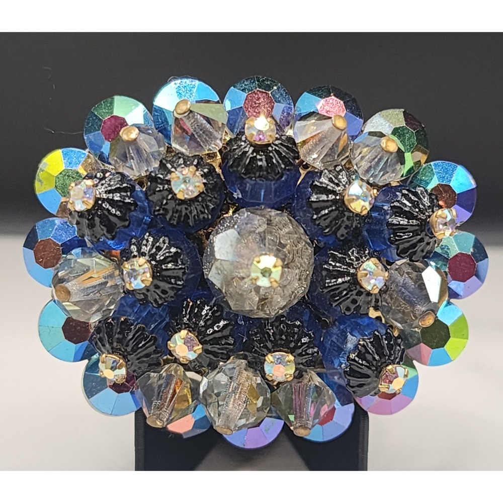 Vintage Aurora Borealis Crystal Cluster Brooch Blue Green Iridescent Oval